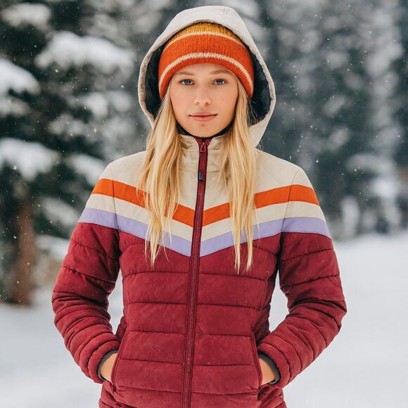 YO COLORADO Hooded Puffer Jacket Colorblock Retro Stripe Maroon Beige S/M - Picture 1 of 11